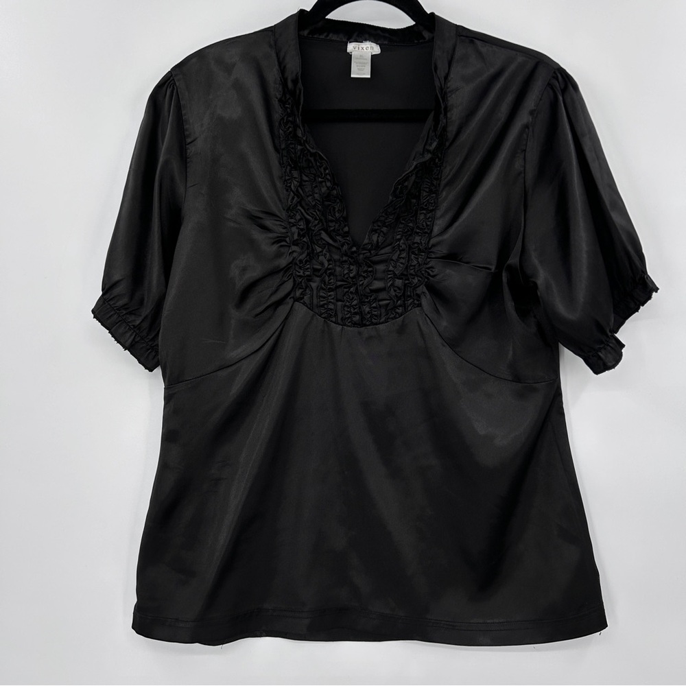 Vintage Vixen Womens Y2K Babydoll Top Sz XL Black Satin Ruched Witchy Whimsigoth